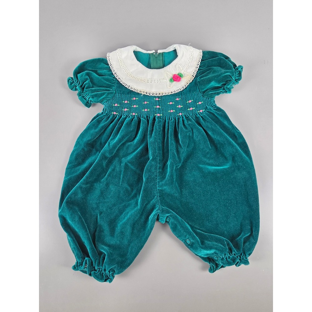 Vintage Green Velvet Baby Bubble Romper Lace Collar Floral Smocking 6 Mos